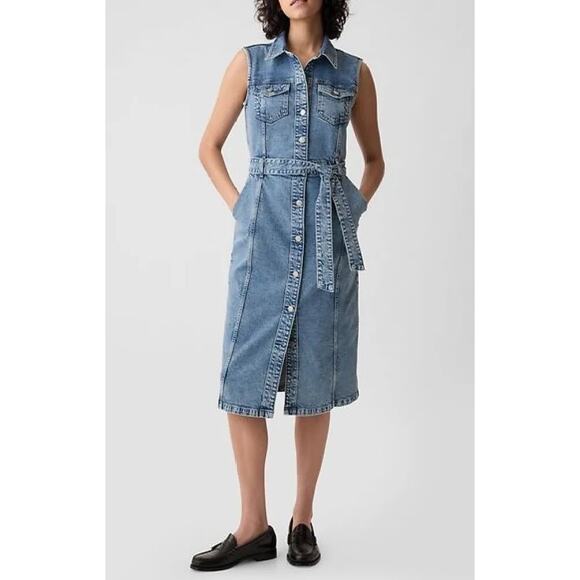 GAP Sleeveless Denim Button Up Midi Dress Jean Blue 2 Petite - Picture 1 of 10